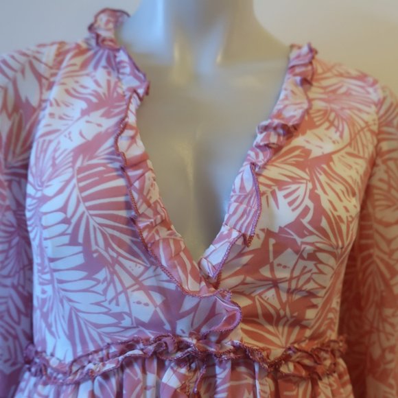 NWT WOMENS INDIKAH ANGEL BIBA PINK WHITE RUFFLED FLORAL V-NECK MINI DRESS S * - Picture 3 of 10